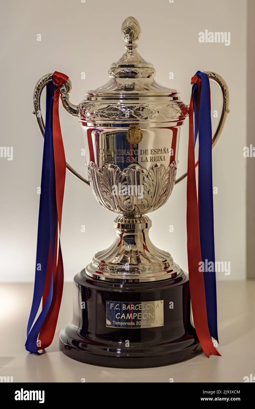 2021 Women's Football Club Barcelona trophies at the Barça Museum in the Camp Nou stadium. Copa del Rey Cup  (Barcelona, Catalonia, Spain) Stock Photo