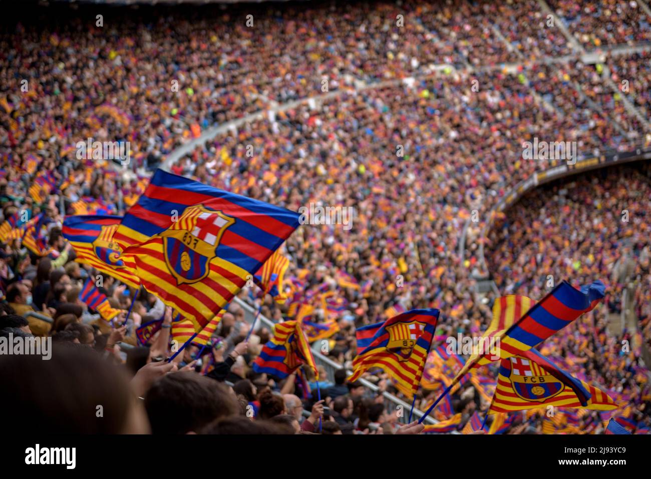 Festive mood at Camp Nou stadium, sold out with 91,648 spectators, the world attendance record for a women's football match, in 2022 Champions League Stock Photo