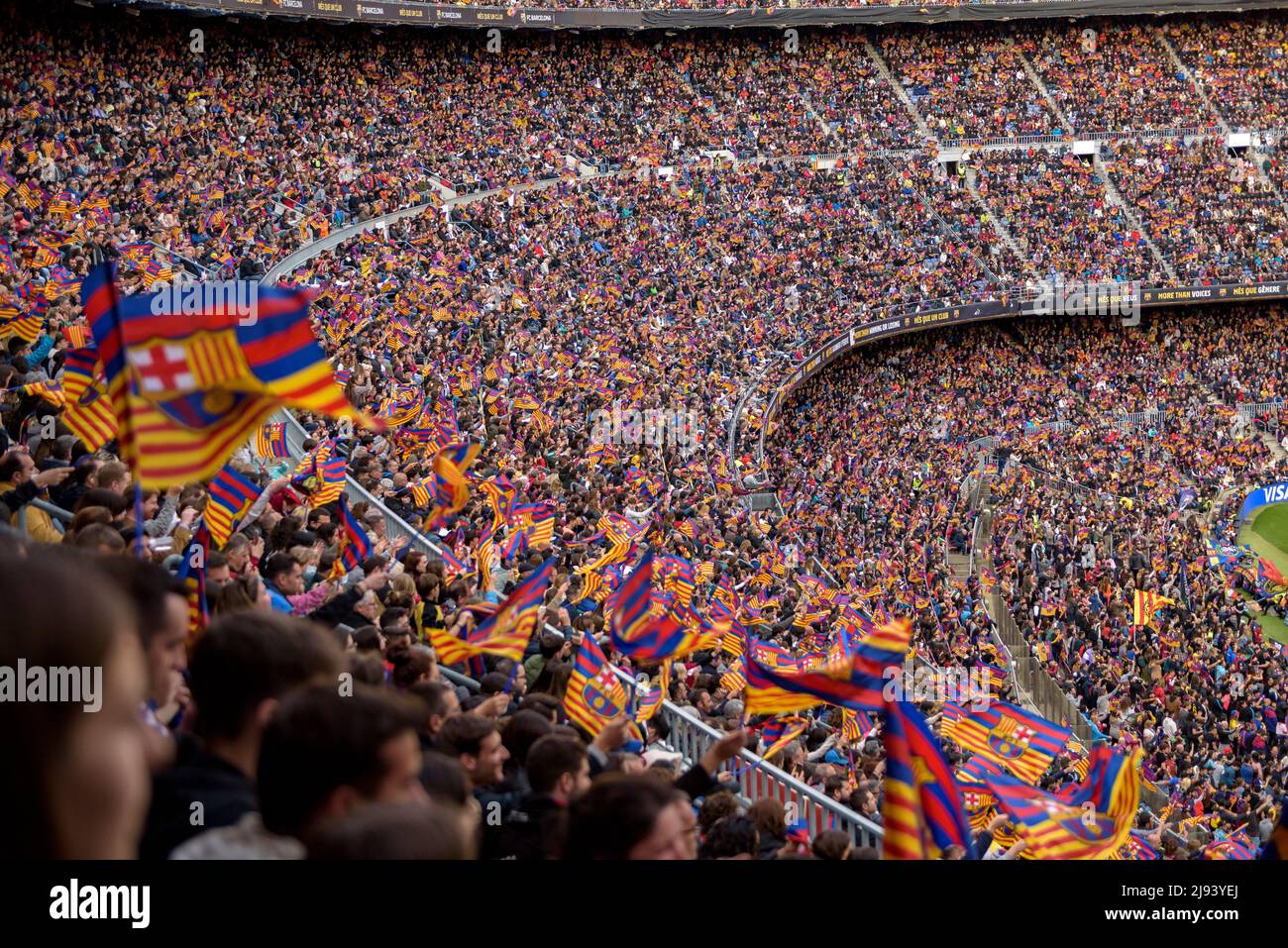 Festive mood at Camp Nou stadium, sold out with 91,648 spectators, the world attendance record for a women's football match, in 2022 Champions League Stock Photo