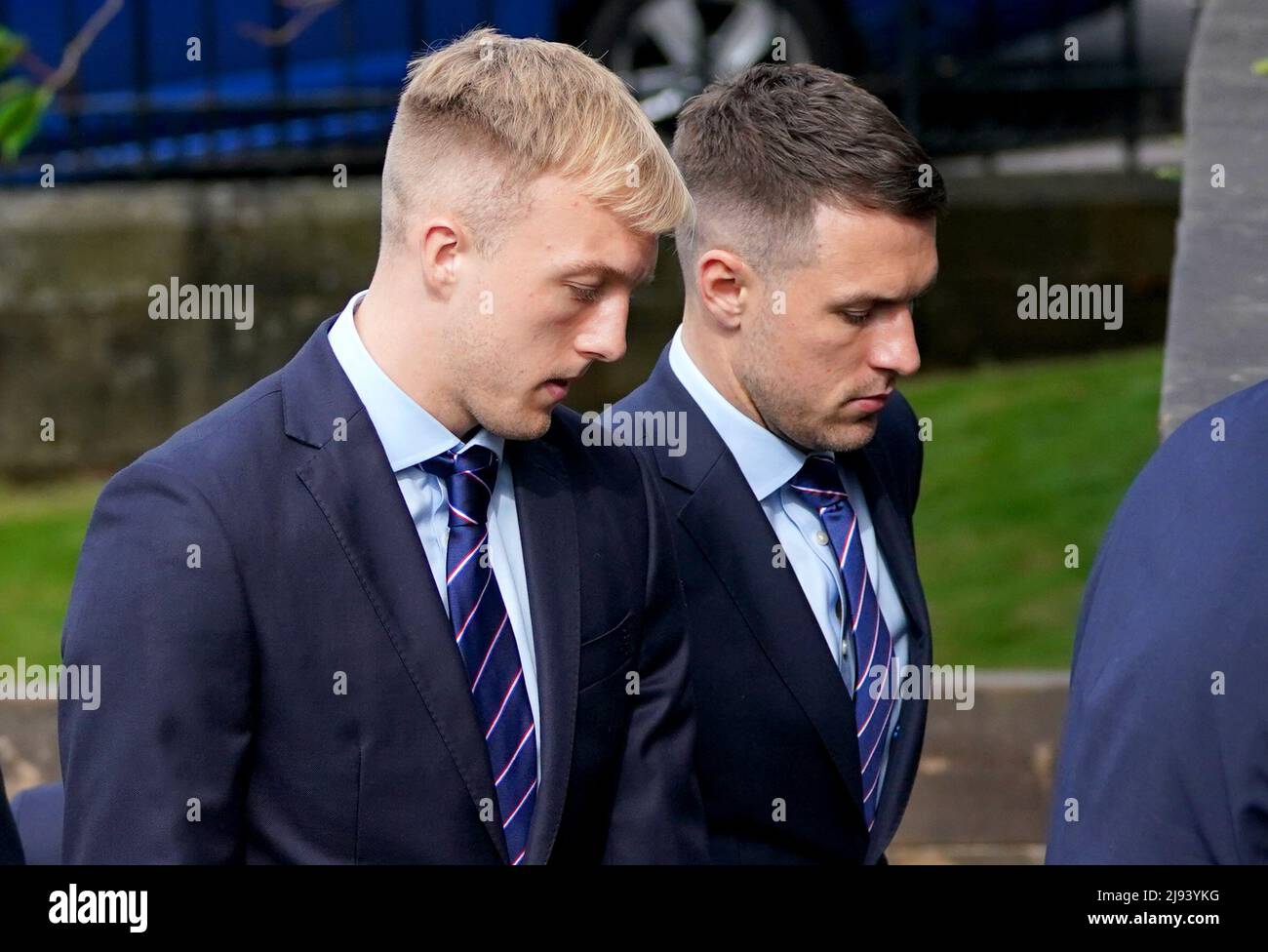 Rangers player Aaron Ramsey (right) arrives ahead of the funeral