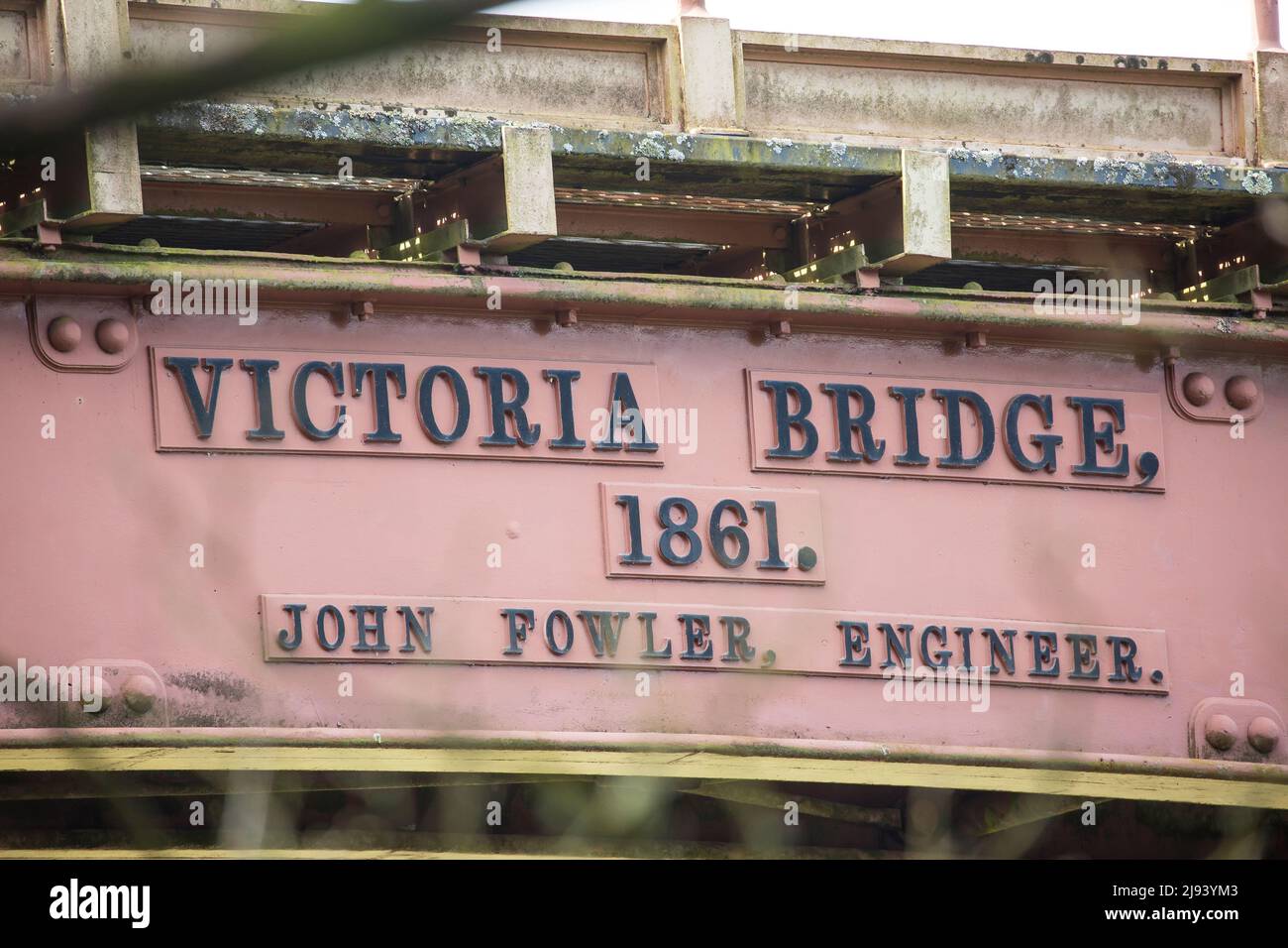 Close up of Victoria Bridge date plate, 1861 on Severn Valley Railway. Bridge constructed by John Fowler spans River Severn between Bewdley & Arley UK. Stock Photo