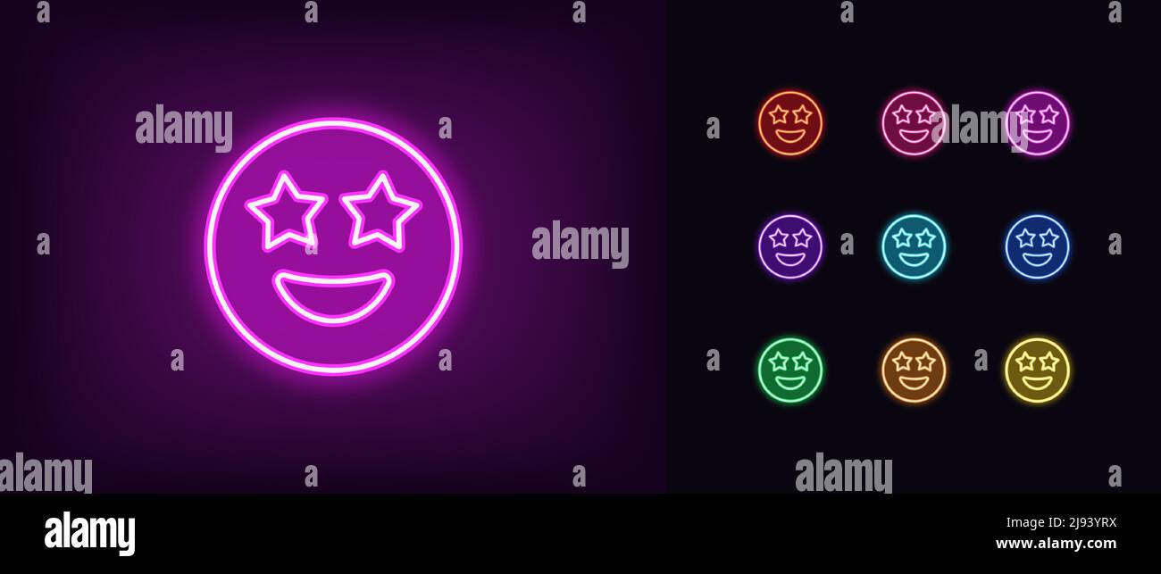 Outline neon star emoji icon. Glowing neon superstar emoticon with starry eyes, star struck face pictogram. Amazed funny emoji, wow effect, fascinated Stock Vector