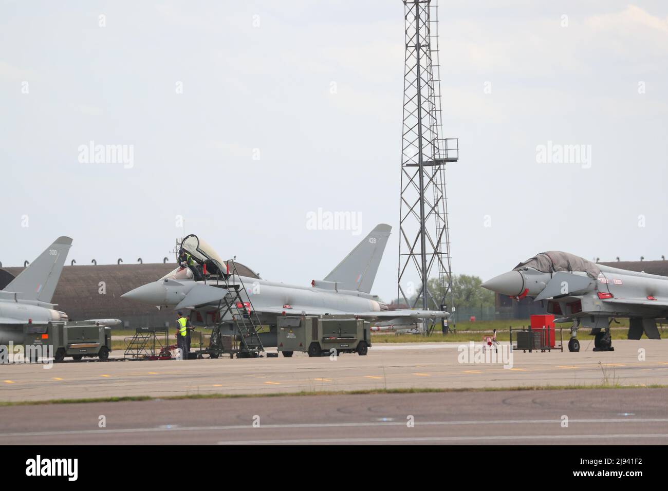 Eurofighter Typhoons undergoing maintenance at RAF Coningsby, UK Stock Photo