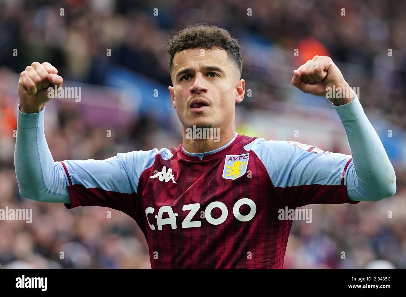 File photo dated 05-03-2022 of Aston Villa's Philippe Coutinho celebrates. Philippe Coutinho (pictured) returned to the Premier League at former Liverpool team-mate Steven Gerrard’s Aston Villa. Issue date: Friday May 20, 2022. Stock Photo