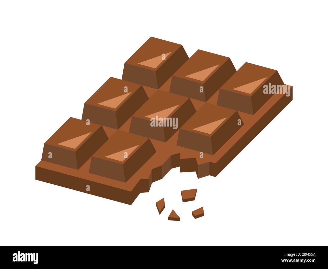 Chocolate bar with crumbs. Snack food. Energy chocolate bar with small pieces. Bitten wilk chocolate with one corner broken off. Cacao food product. Stock Vector