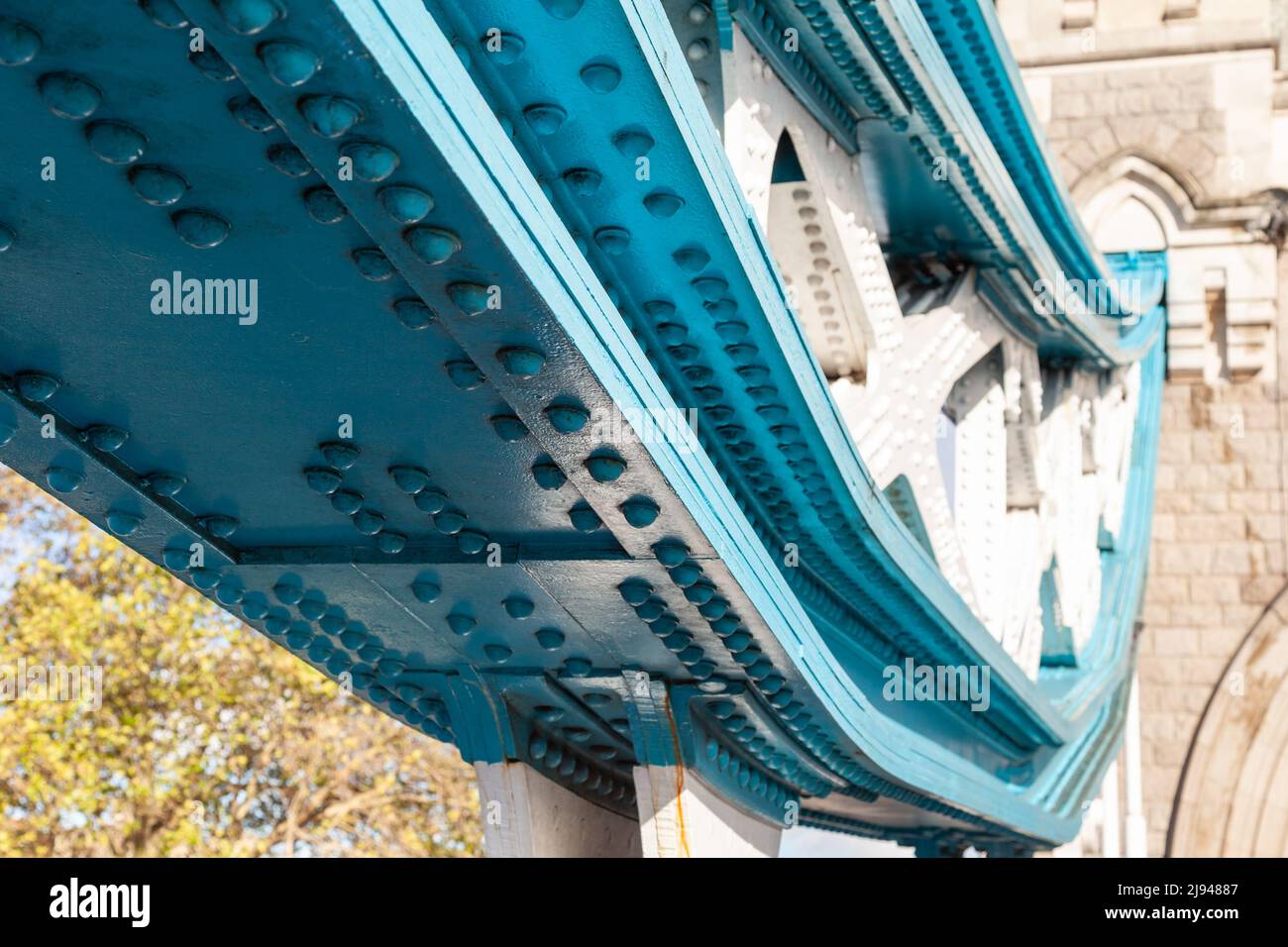 Close-up shot of Tower Bridge detail demonstating metalwork with truss and rivets, London, UK Stock Photo