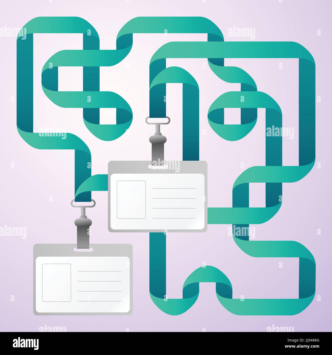 Two flat design blank identification cards badges with blue ribbons on
