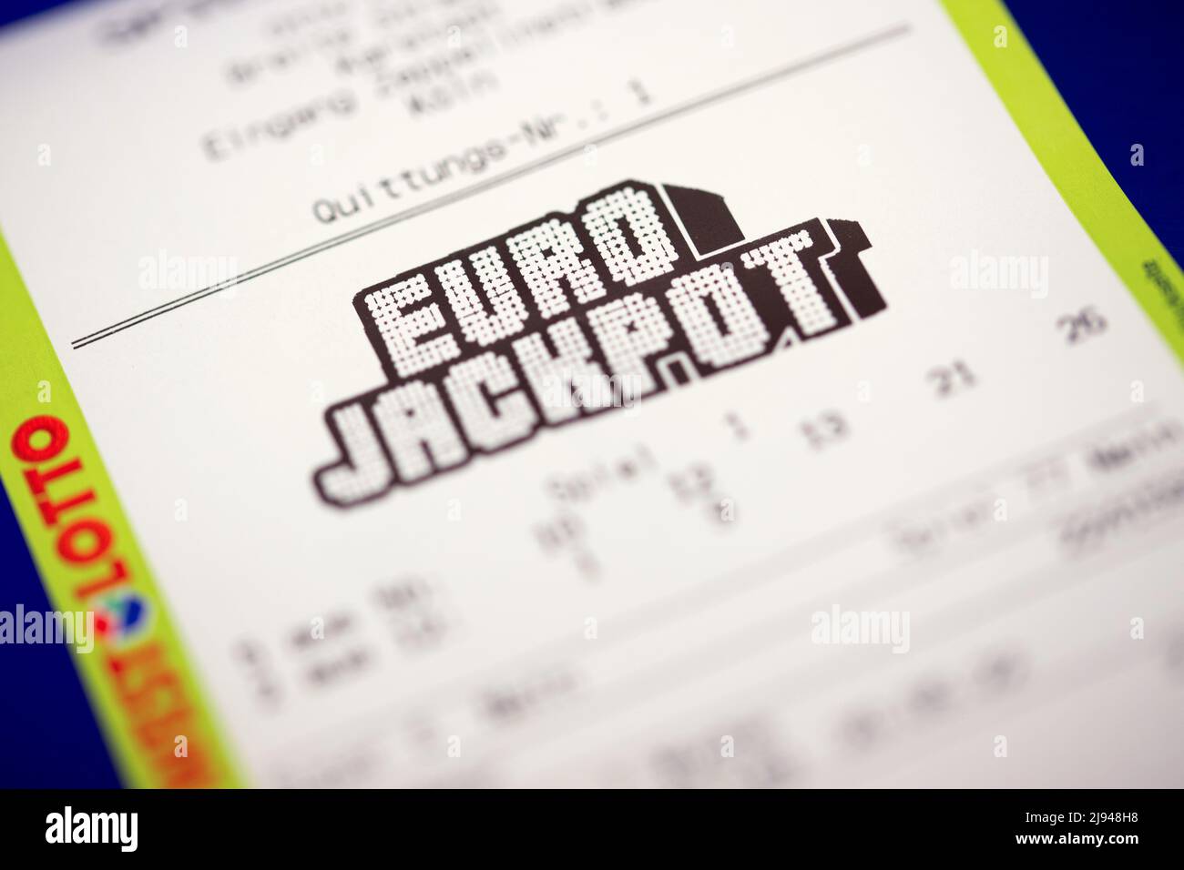 Cologne, Germany. 20th May, 2022. A printed Eurojackpot ticket is on  display at a lottery retail outlet. Eurojackpot win record possible - more  than 100 million euros for the first time. In
