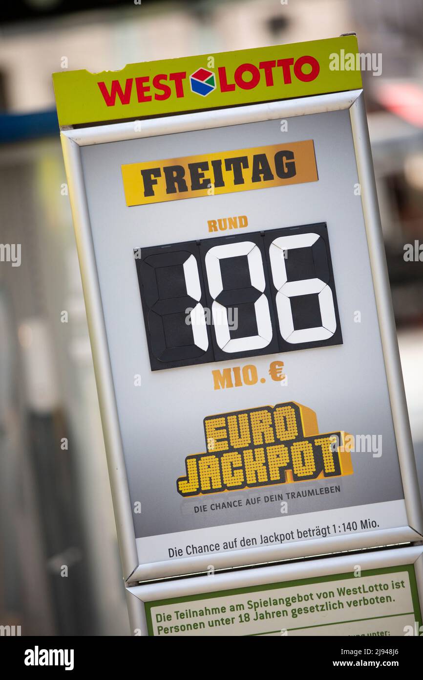 Cologne, Germany. 20th May, 2022. 106 million euros in the Eurojackpot is  written on a board in front of a lottery retailer. Eurojackpot win record  possible - more than 100 million euros