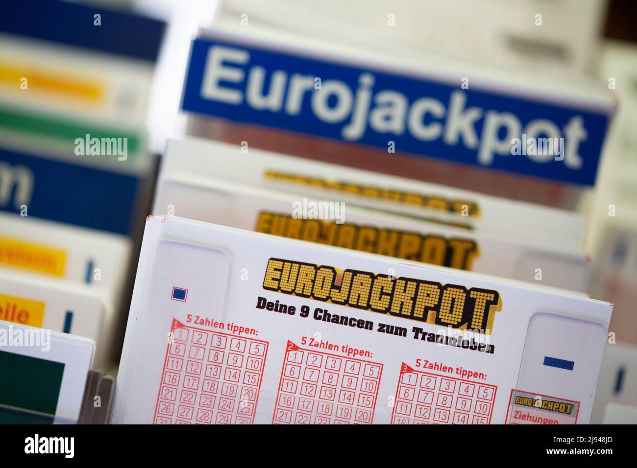Cologne, Germany. 20th May, 2022. Lottery tickets with the inscription "Euro  Jackpot" are lying in a lottery retail outlet. Eurojackpot win record  possible - more than 100 million euros for the first