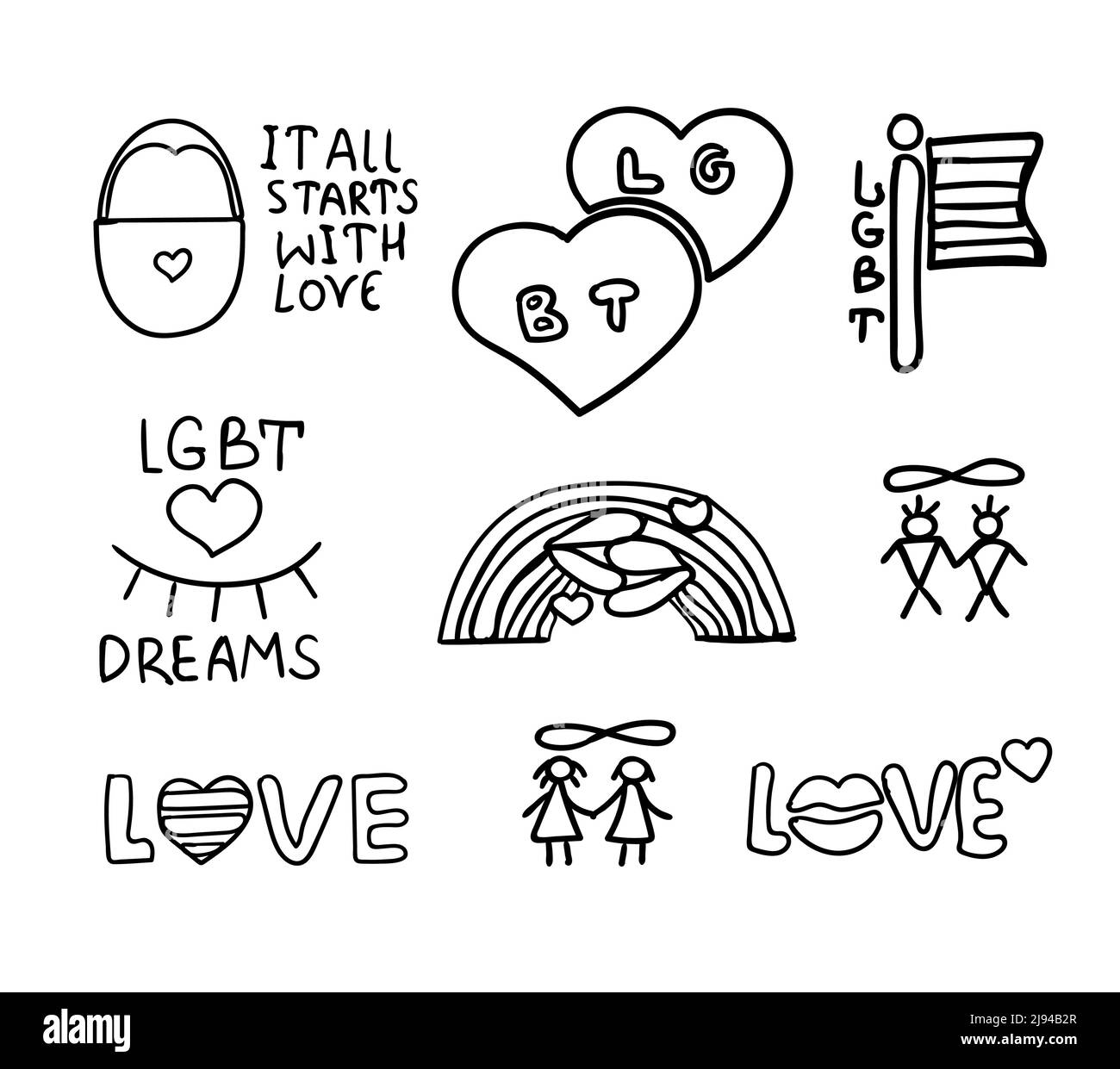 Love Story - set of vector illustrations of love. Cute Romantic simple  drawings black ballpoint pen cliparts on a white background Stock Vector