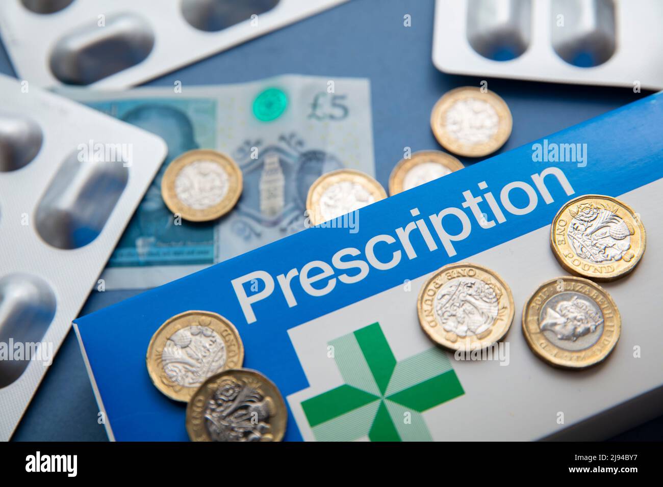 OXFORD, UK May 2022 NHS medical prescription packaging with money