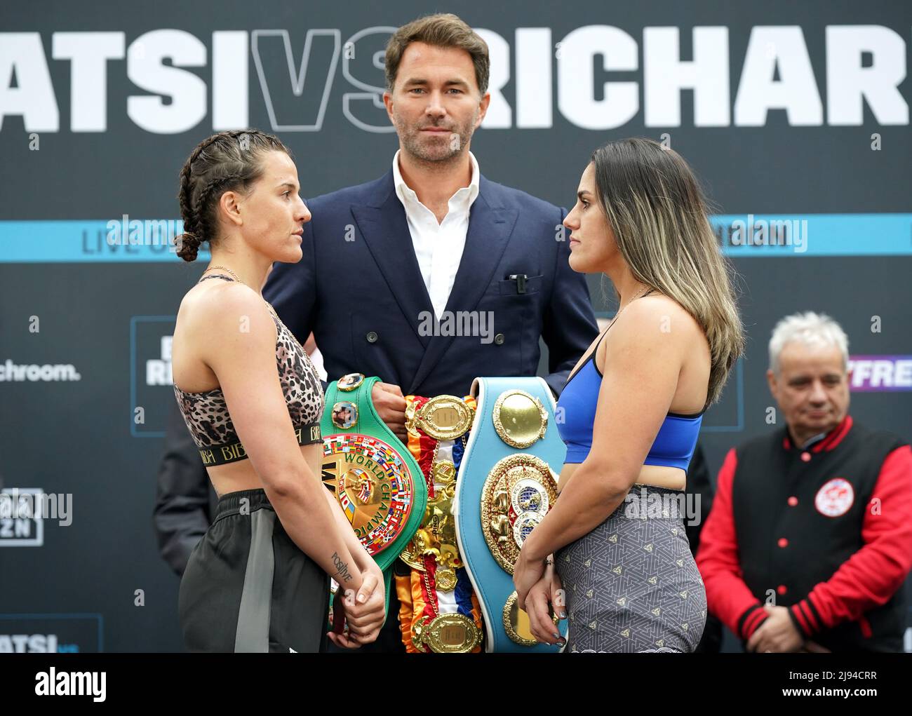Chantelle Cameron, Eddie Hearn and Victoria Noelia Bustos (left-right)  during a public weigh-in at the Old Spitalfields Market, London. Picture  date: Friday May 20, 2022 Stock Photo - Alamy