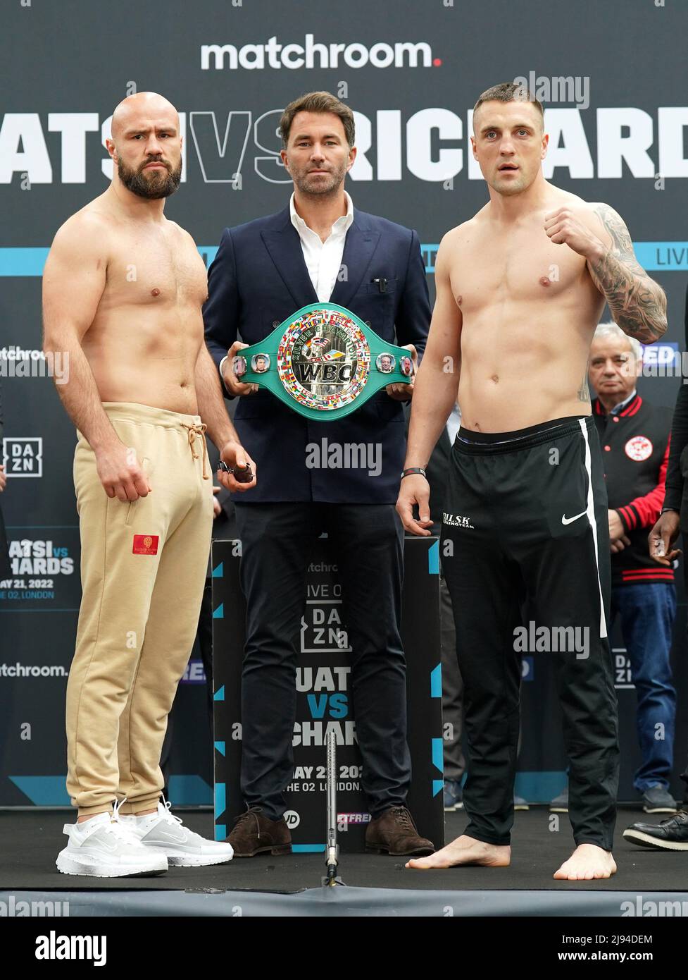 Alen Babic, Eddie Hearn and Adam Balski (left-right) during a public weigh-in at the Old Spitalfields Market, London