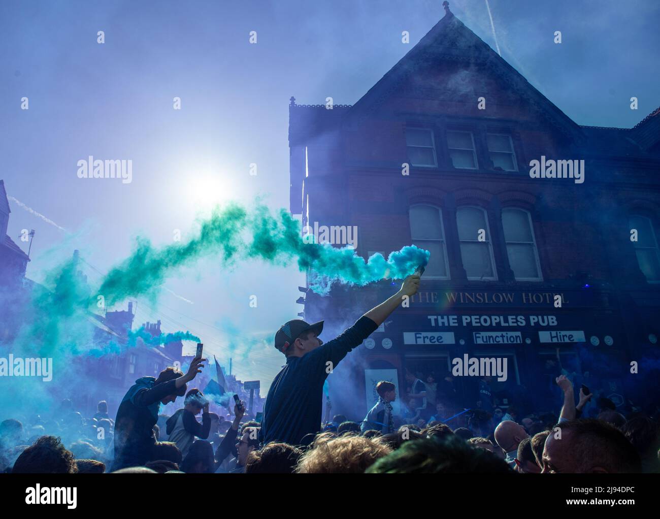 LIVERPOOL, ENGLAND - MAY 19: Fans of Everton outside the stadium before the Premier League match between Everton and Crystal Palace at Goodison Park on May 19, 2022 in Liverpool, United Kingdom. (Photo by Sebastian Frej) Stock Photo