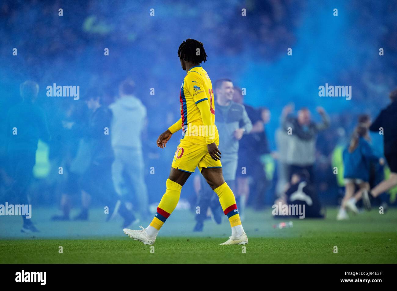 LIVERPOOL, ENGLAND - MAY 19: Eberechi Eze of Crystal Palace and Everton fans during the Premier League match between Everton and Crystal Palace at Goodison Park on May 19, 2022 in Liverpool, United Kingdom. (Photo by Sebastian Frej) Stock Photo
