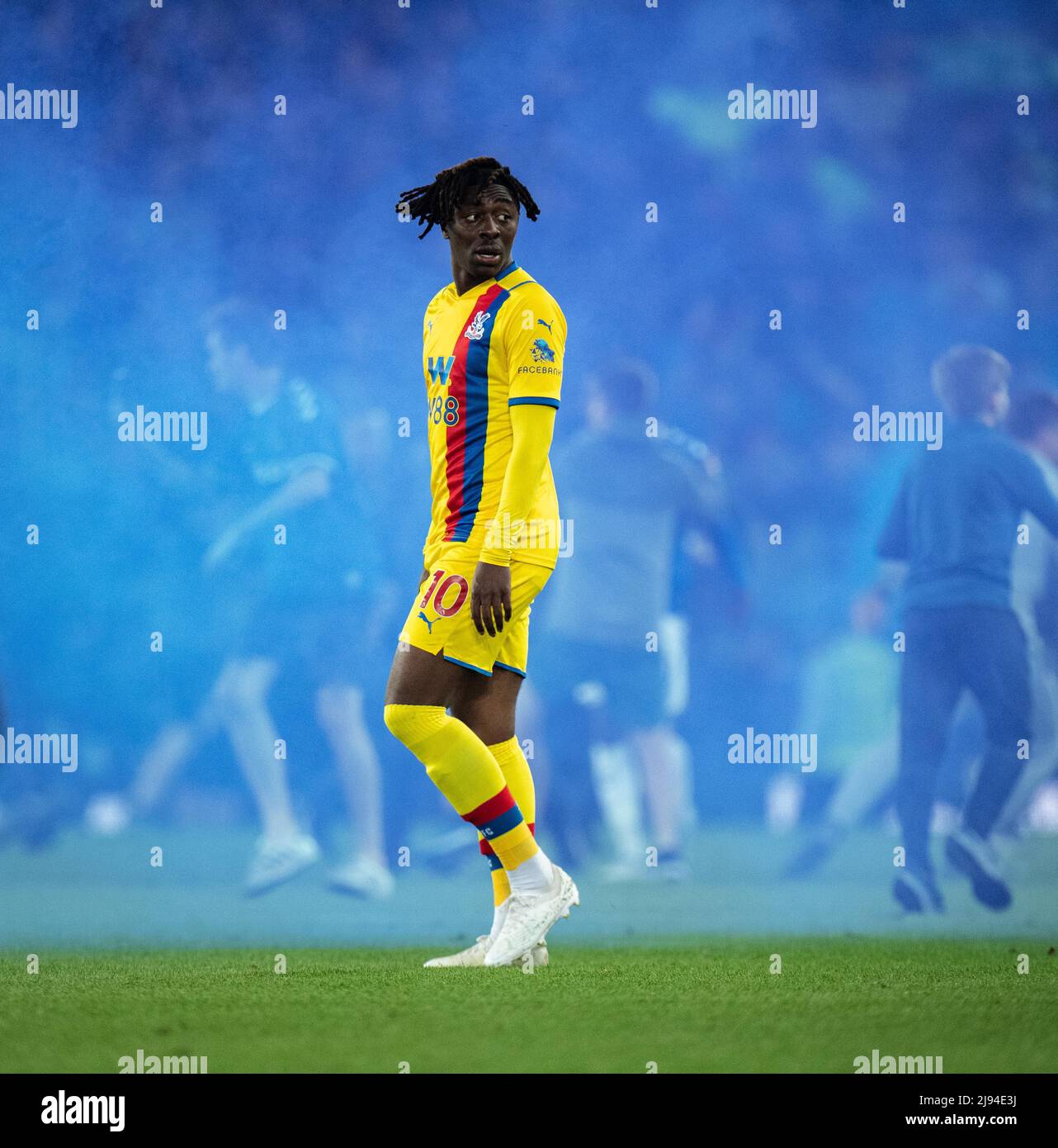 LIVERPOOL, ENGLAND - MAY 19: Eberechi Eze of Crystal Palace and Everton fans during the Premier League match between Everton and Crystal Palace at Goodison Park on May 19, 2022 in Liverpool, United Kingdom. (Photo by Sebastian Frej) Stock Photo