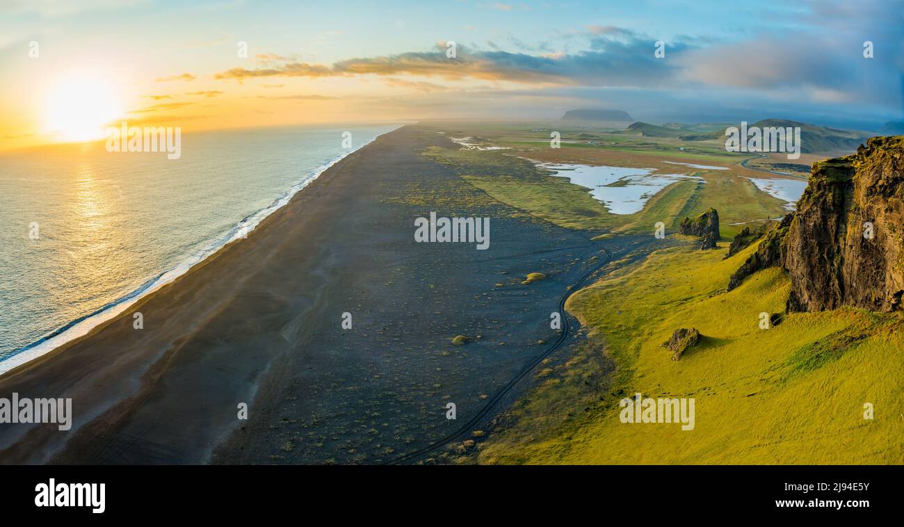 Aeria view of Dyrholaey beach Vik village in Iceland Stock Photo