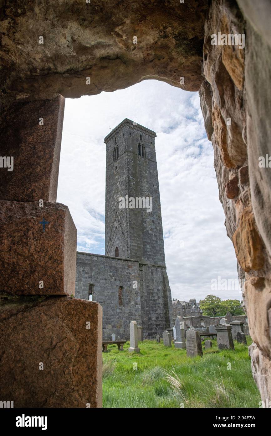 St Rules tower viewed through the curtain wall of St Andrews Cathedral Stock Photo