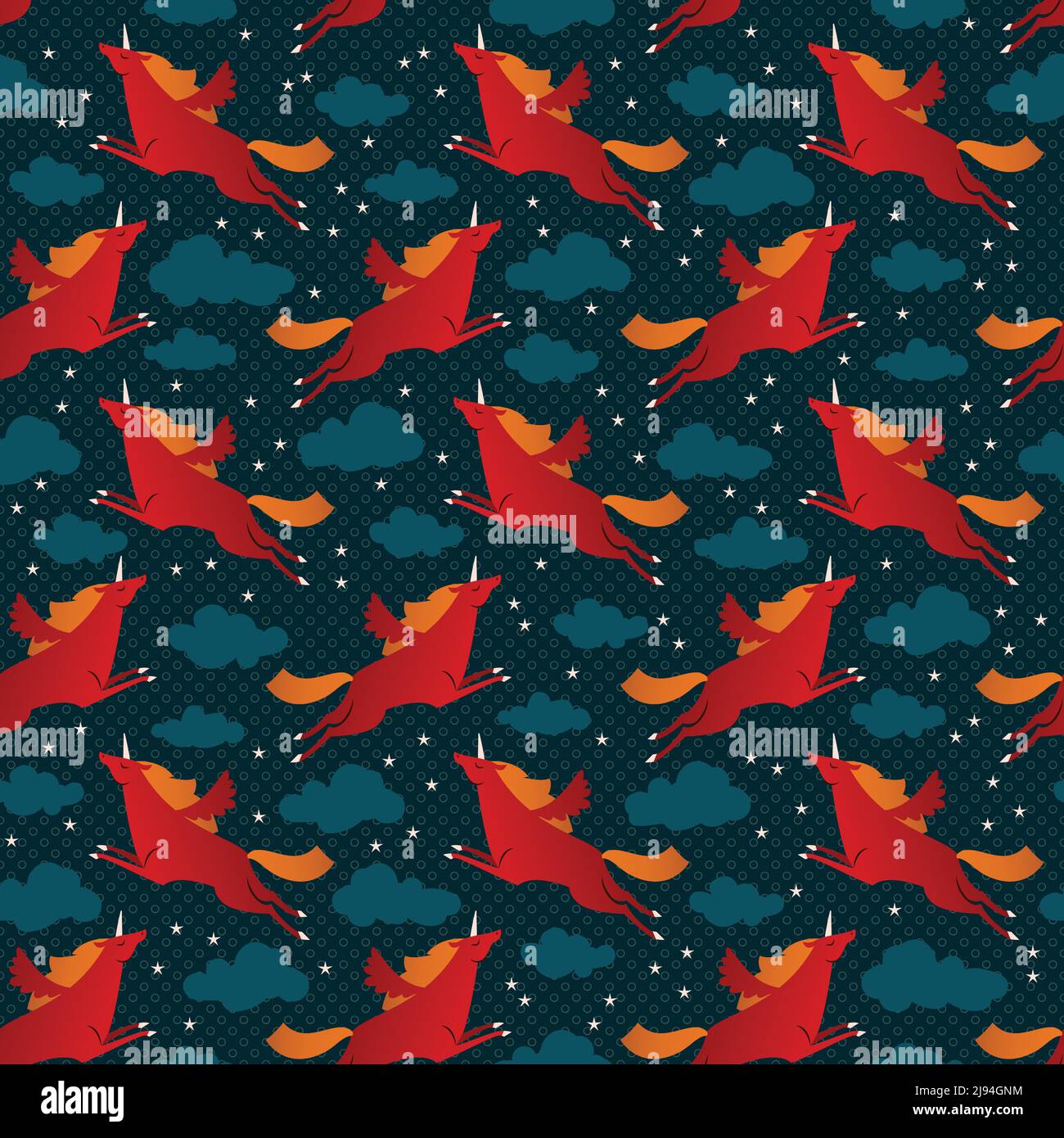 Flying red unicorns seamless pattern with clouds and stars flat vector illustration Stock Vector