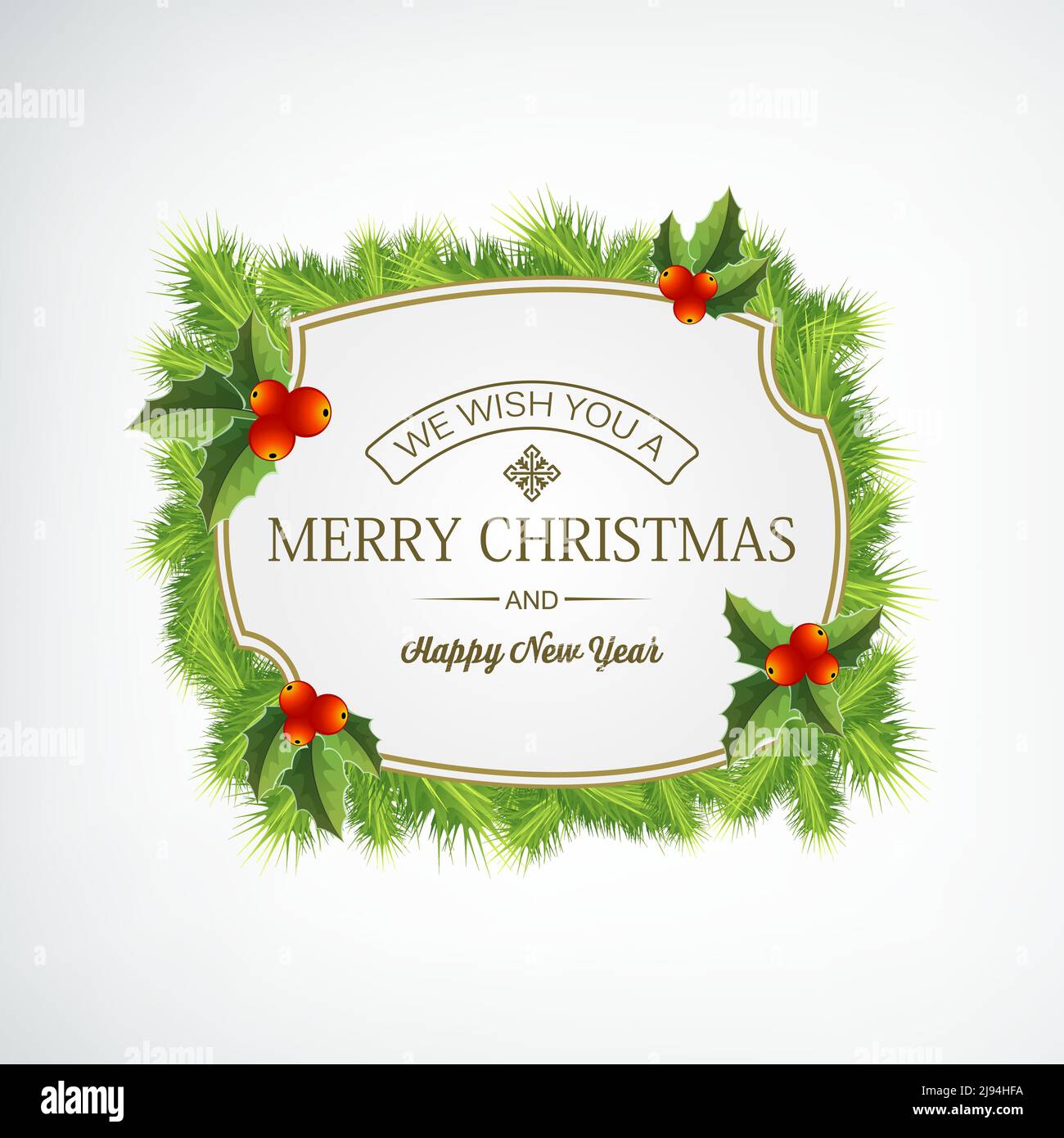 Merry christmas coniferous wreath decorated with mistletoe on white ...