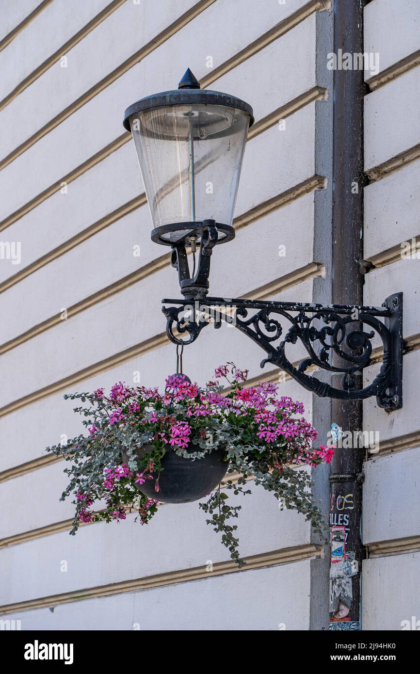 Ljubljana, Slovenia - 07.15.2021: flowers are hanged under the wall lamp at Ljubljana street Stock Photo