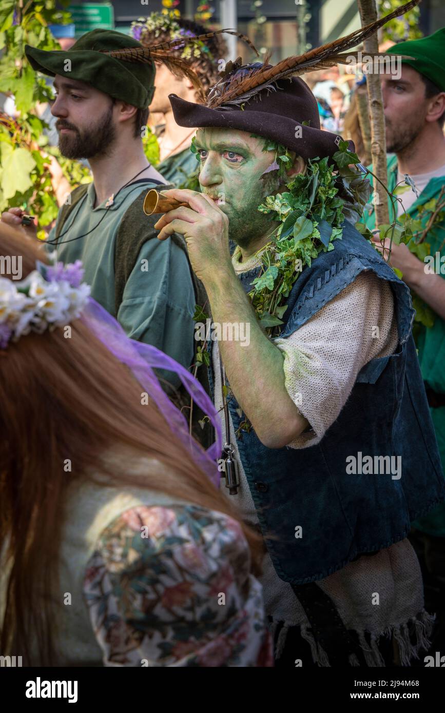 The Flora Day Hal-An-Tow dance underway in Helston, Cornwall. The May festival is a celebration of the passing of winter and the arrival of spring. Re Stock Photo