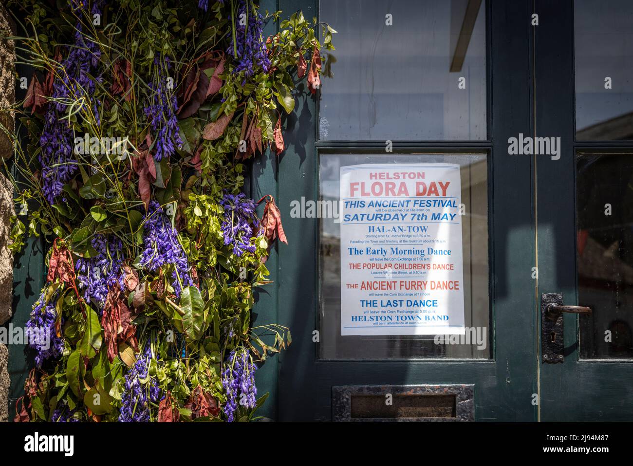 Flora Day sign on the Town Hall in Helston, Cornwall. The May festival