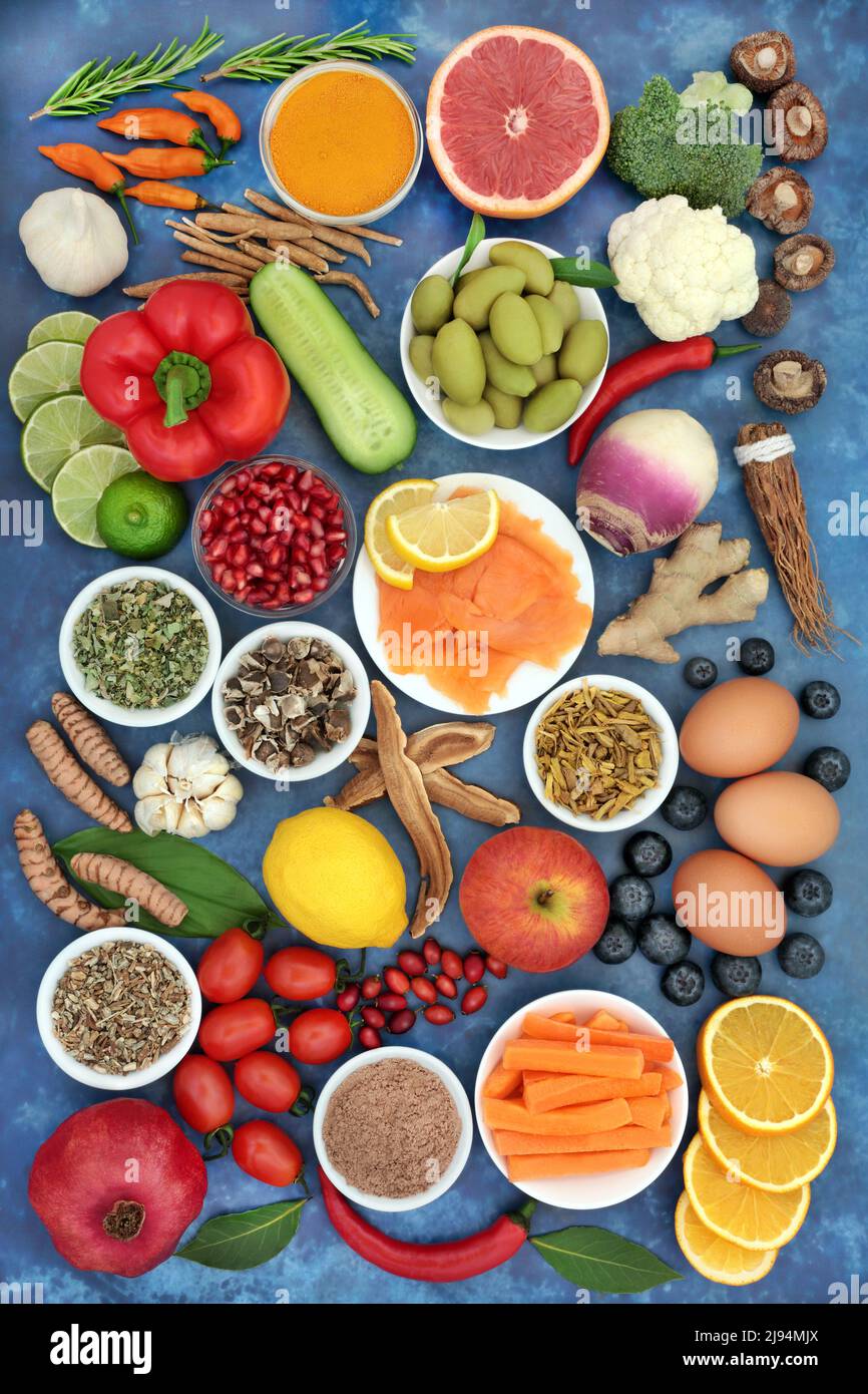 Health food for immune system support, seafood, vegetables, fruit