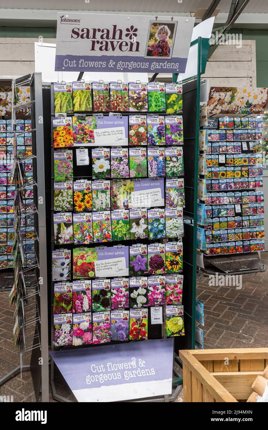 Sarah Raven seeds on sale in a garden centre, cut flowers seed packets, UK Stock Photo