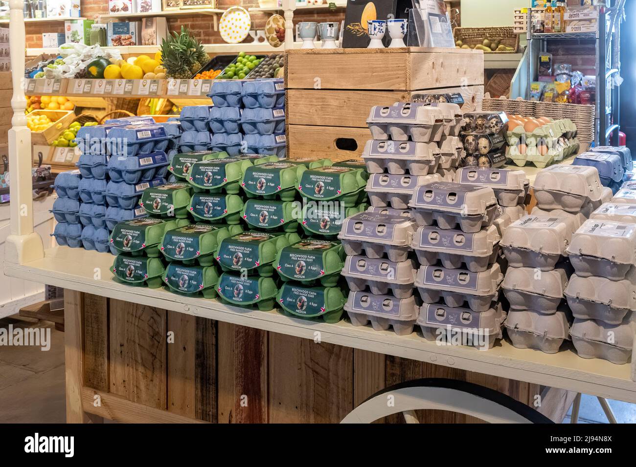 Display of locally produced eggs on sale at the Farm Shop at Millets Farm Centre, Oxfordshire, England, UK Stock Photo