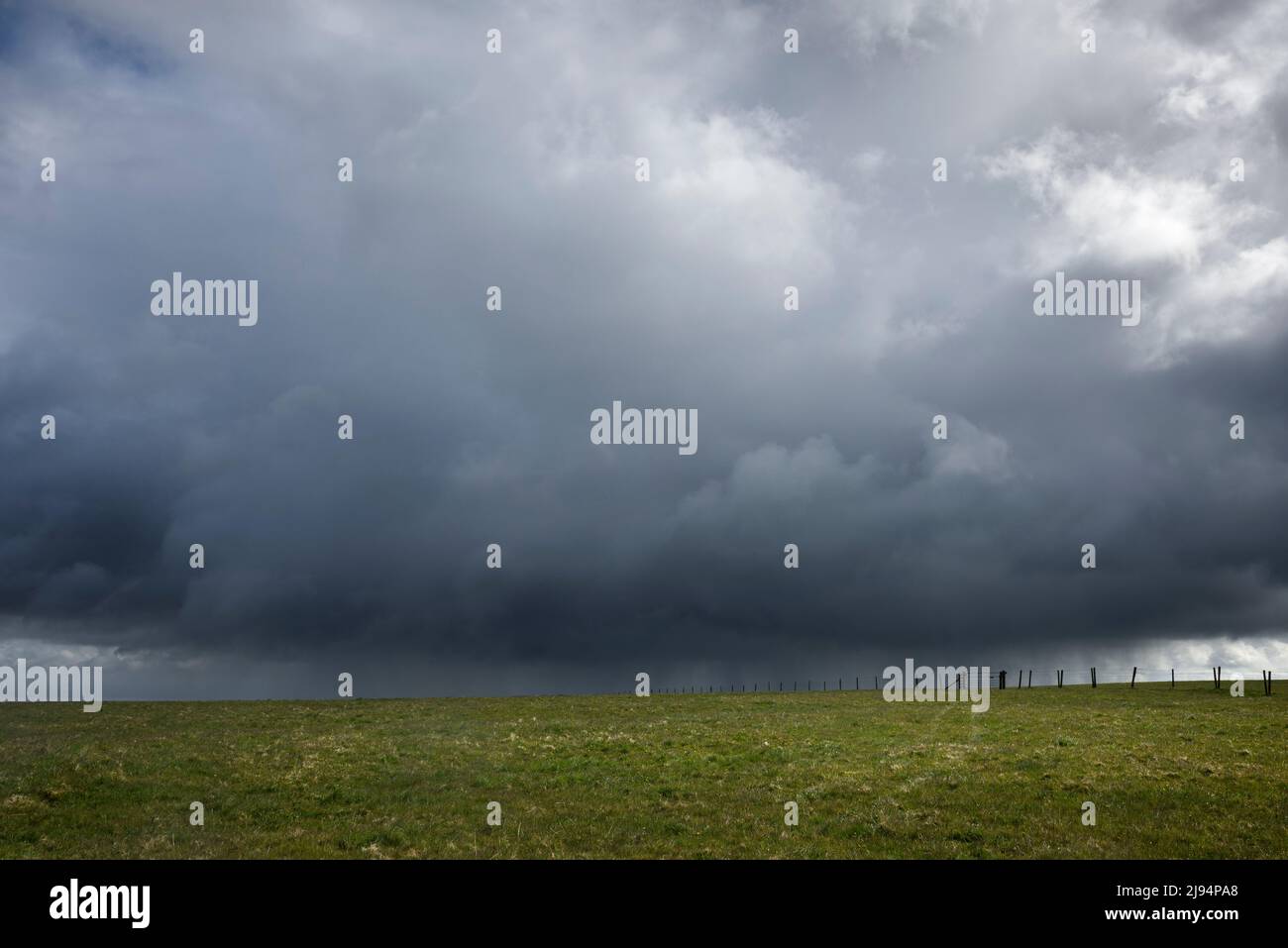 A spring rainstorm approaching Lype Hill in the Brendon Hills, Exmoor National Park, Somerset, England. Stock Photo