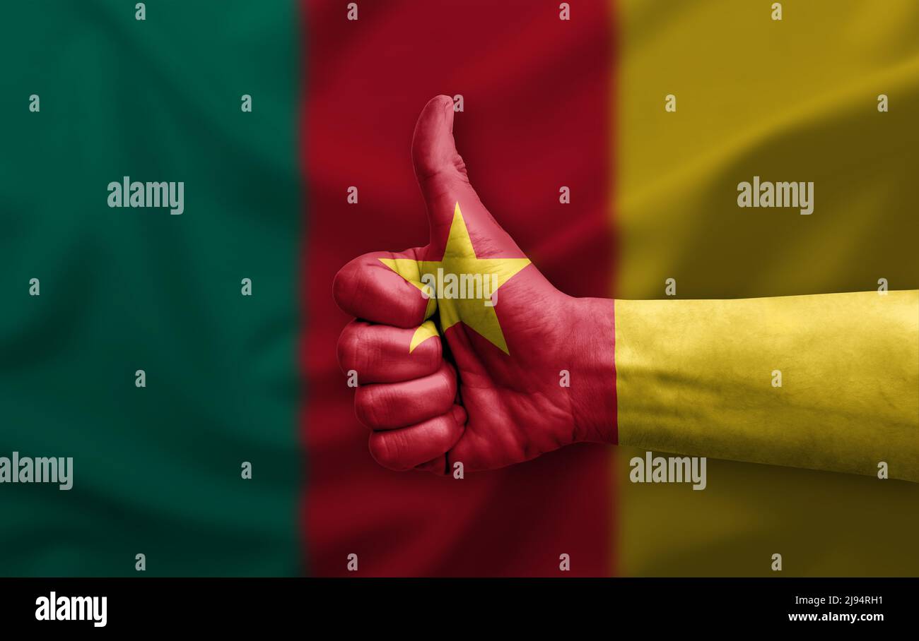 Hand making thumb up painted with flag of cameroon Stock Photo