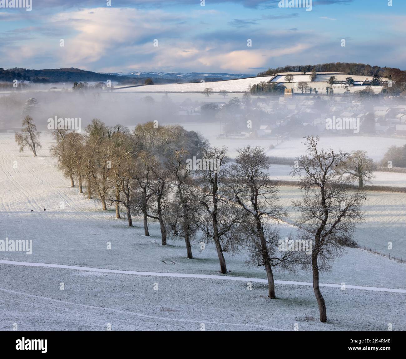 Milborne Port in the snow and the mist, Somerset, England, UK Stock