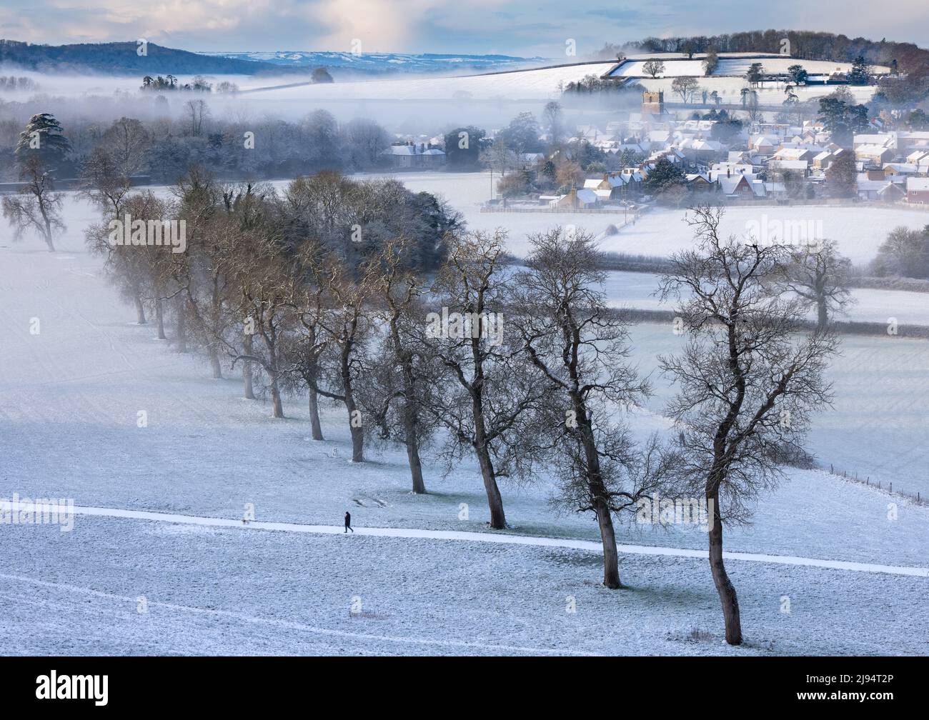 Milborne Port in the snow and the mist, Somerset, England, UK Stock