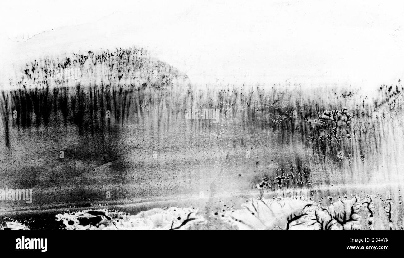 Abstract landscape watercolor hand drawn illustration. Black and white