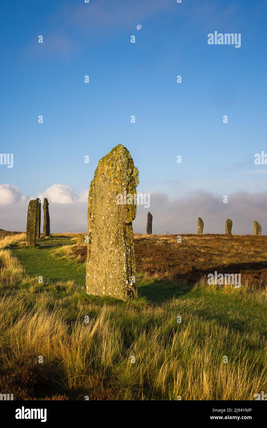 The moon over the Ring of Brodgar, Mainland, Orkney Isles, Scotland, UK Stock Photo