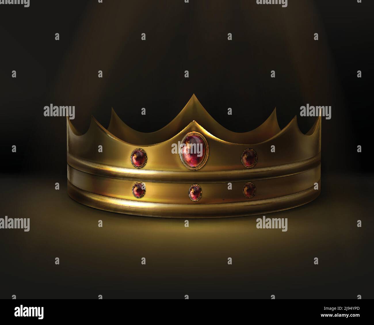 Vector royal golden crown with red gemstone isolated on dark background ...