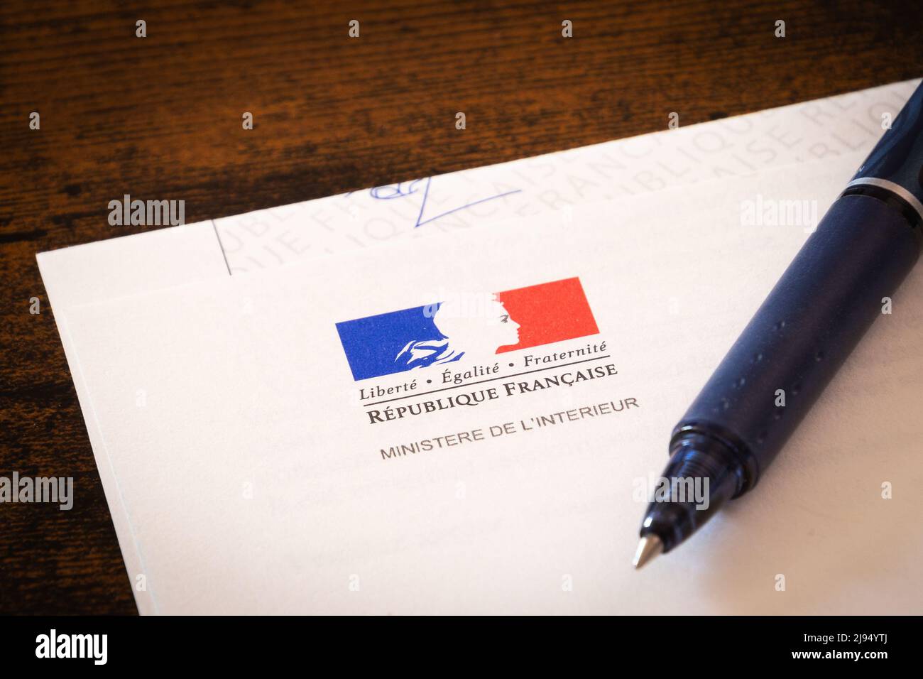 close up of french interior ministry letter with pen Stock Photo