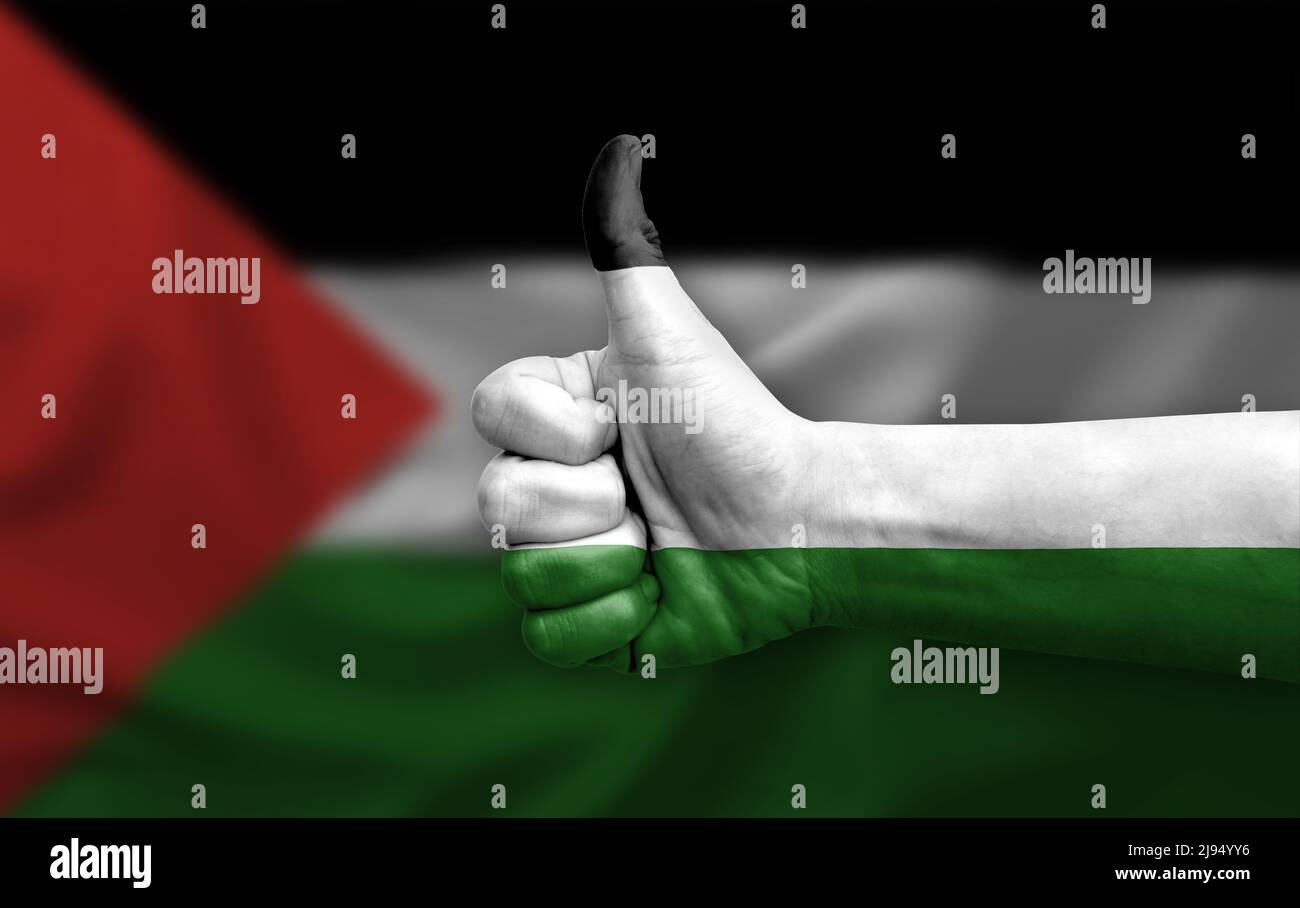 Hand making thumb up painted with flag of palestine Stock Photo - Alamy