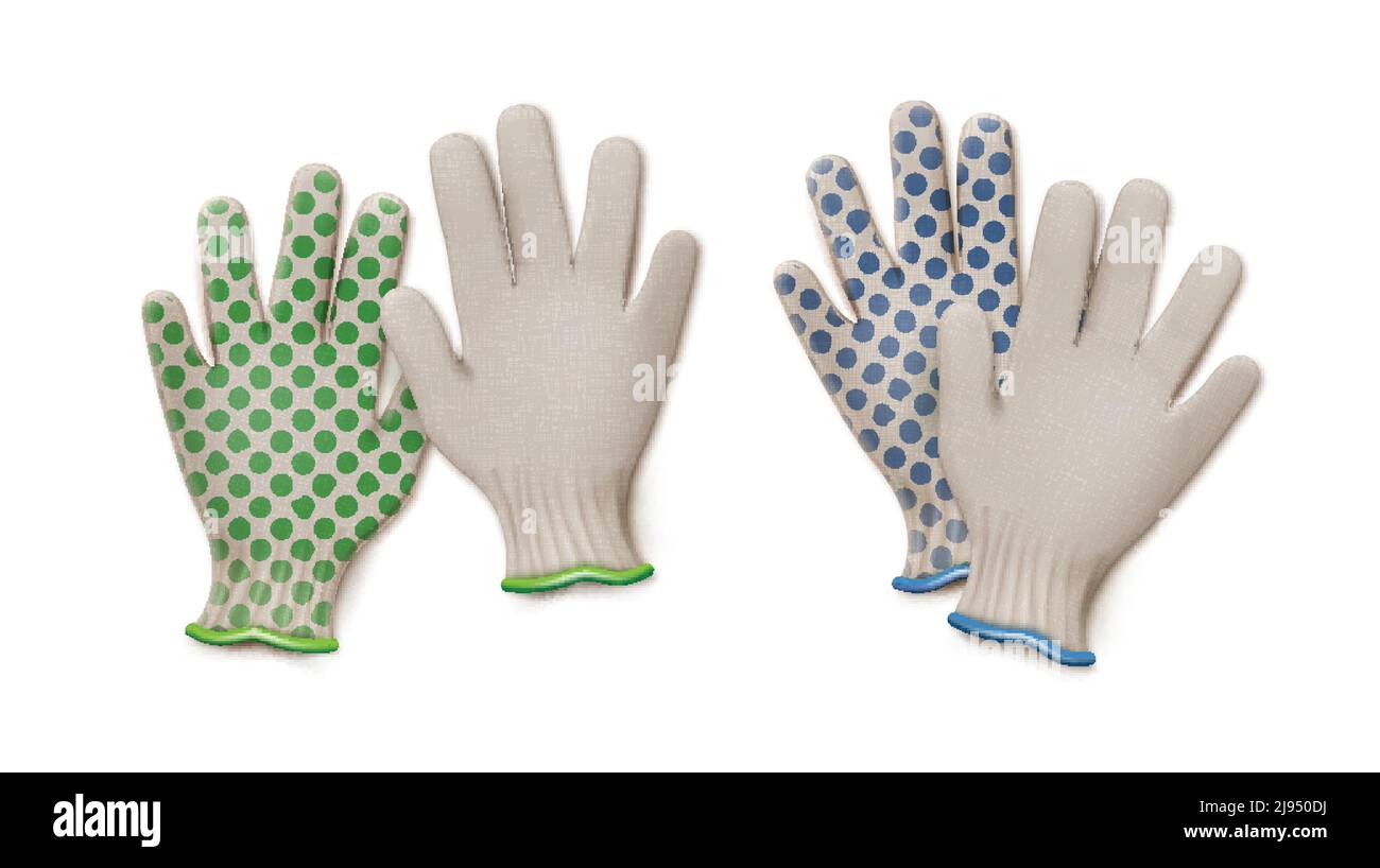 Vector pairs of green and blue gardening work gloves isolated on white ...