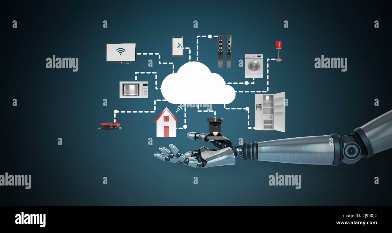 Robotic hand presenting digital iot symbol surrounded with home ...