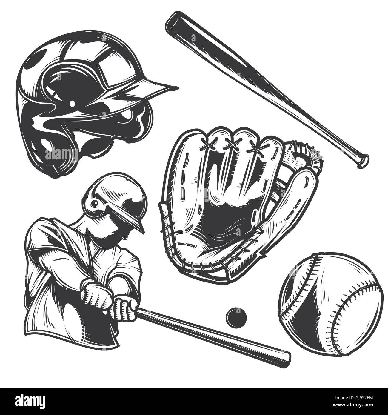 Set of baseball equipment (bat, ball, glove, helmet) and a player for creating your own badges, logos, labels, posters etc. Isolated on white. Stock Vector