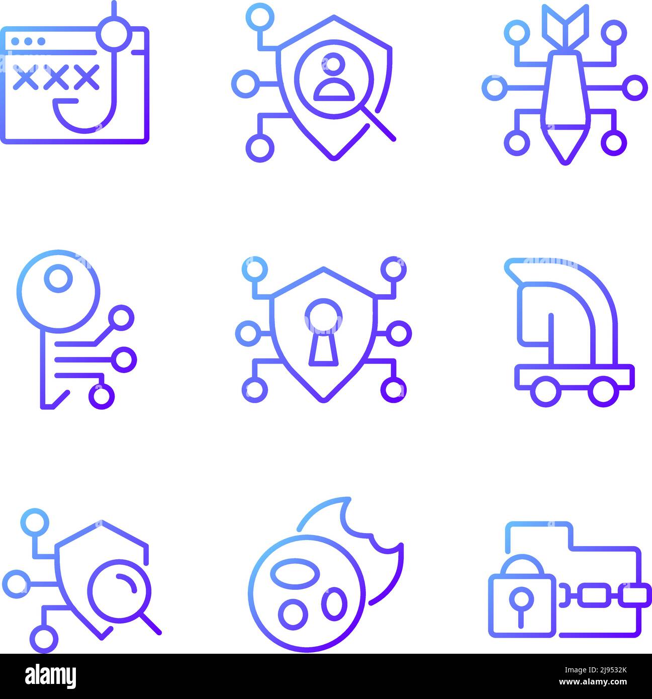Malware and protection pixel perfect gradient linear vector icons set Stock Vector