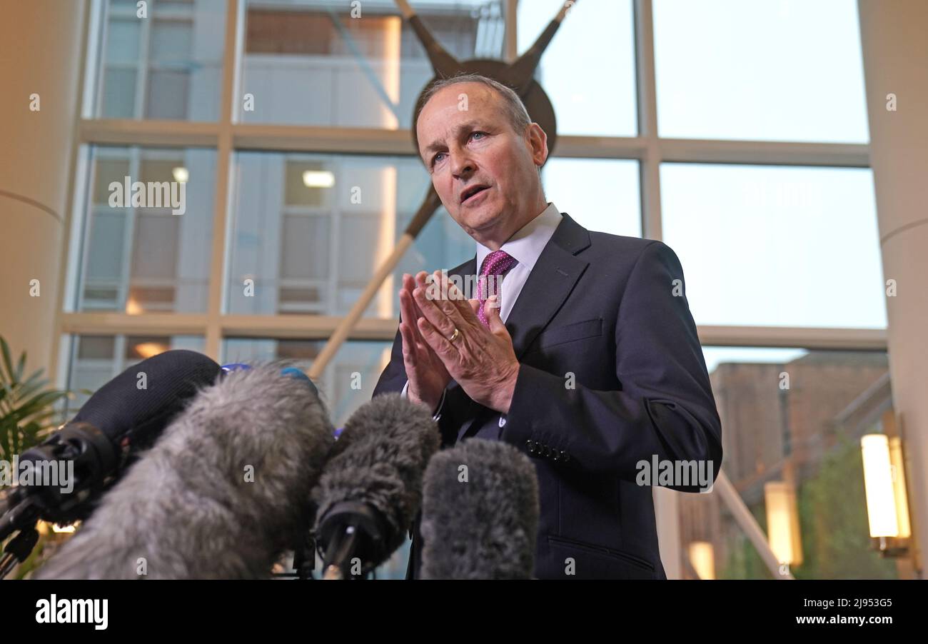 Taoiseach Micheal Martin speaks to the media at the Grand Central Hotel, during his visit to Belfast for NI protocol talks with Stormont leaders and meet business representatives, at the Grand Central Hotel, Belfast. Picture date: Friday May 20, 2022. Stock Photo