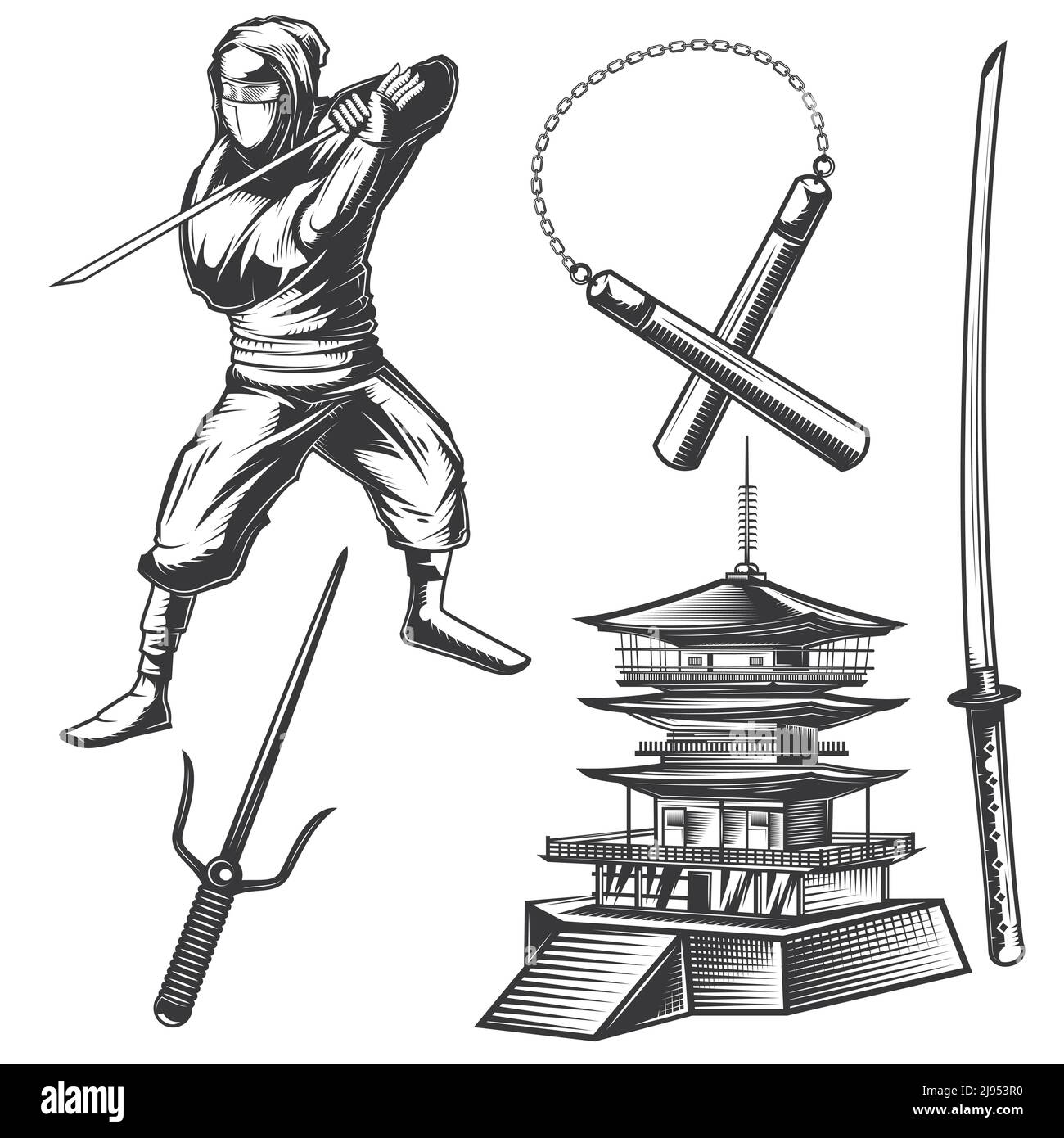 https://c8.alamy.com/comp/2J953R0/set-of-a-ninja-elements-pagoda-katana-nunchuck-etc-for-creating-your-own-badges-logos-labels-posters-etc-isolated-on-white-2J953R0.jpg