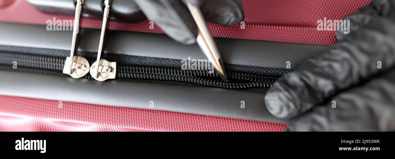 Gloved hands mending a snake on a suitcase Stock Photo