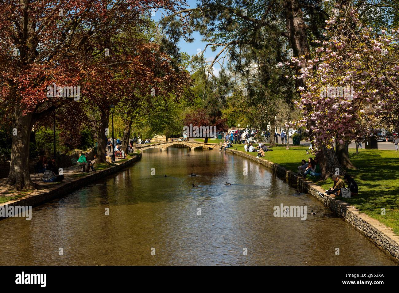 Tourists enjoy the scenic surroundings of the River Windrush in Bourton-on-the-Water, Cotswolds, Gloucestershire, Midlands, England, United Kingdom. Stock Photo