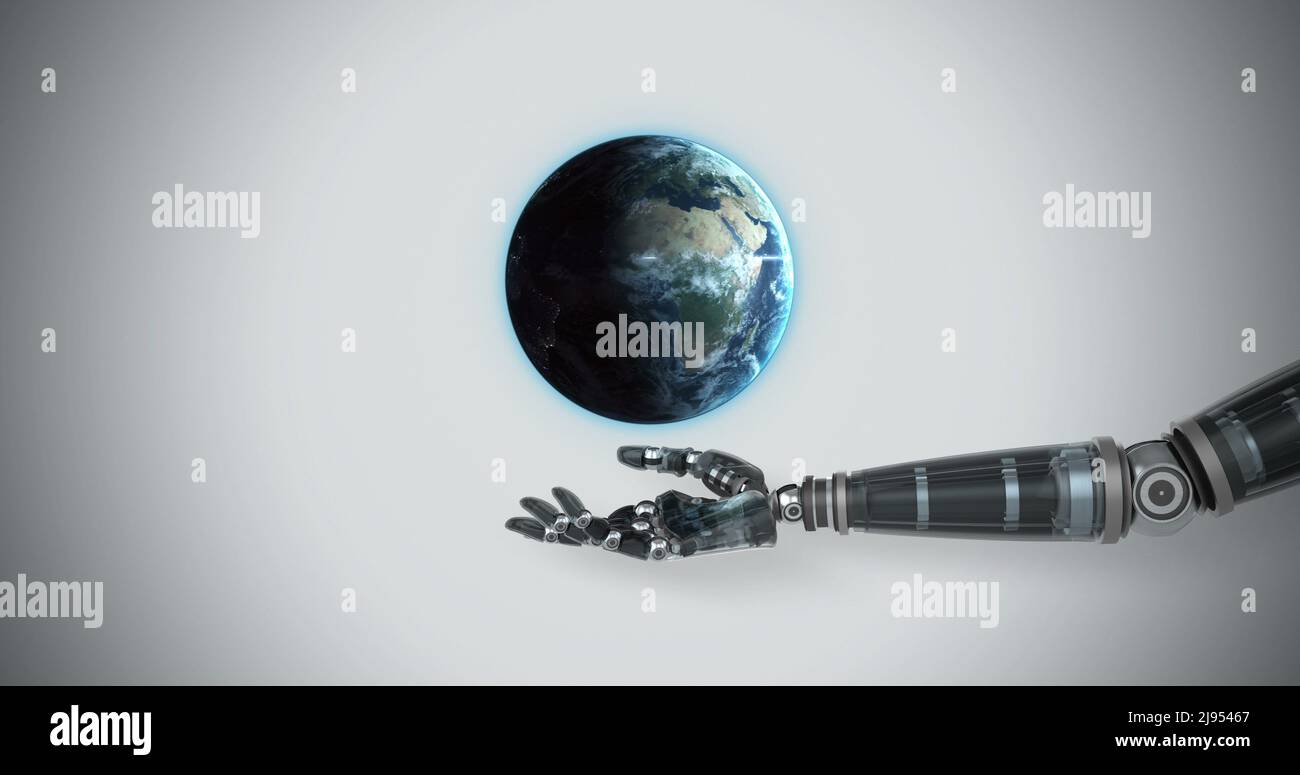 Robotic hand presenting digital globe Stock Photo Alamy