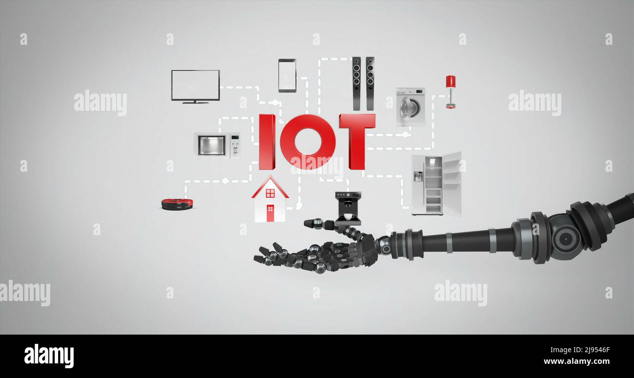 Robotic hand presenting digital iot symbol surrounded with home appliance icons Stock Photo